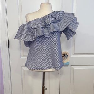 Gracia Blue and White Striped Off-Shoulder Blouse